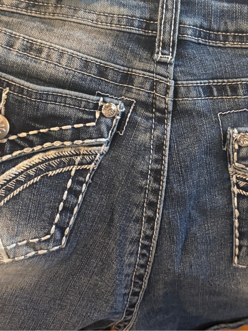 Women’s Distressed Dark Blue Denim Jean Shorts with Embroidered Back Pockets - Picture 12 of 14
